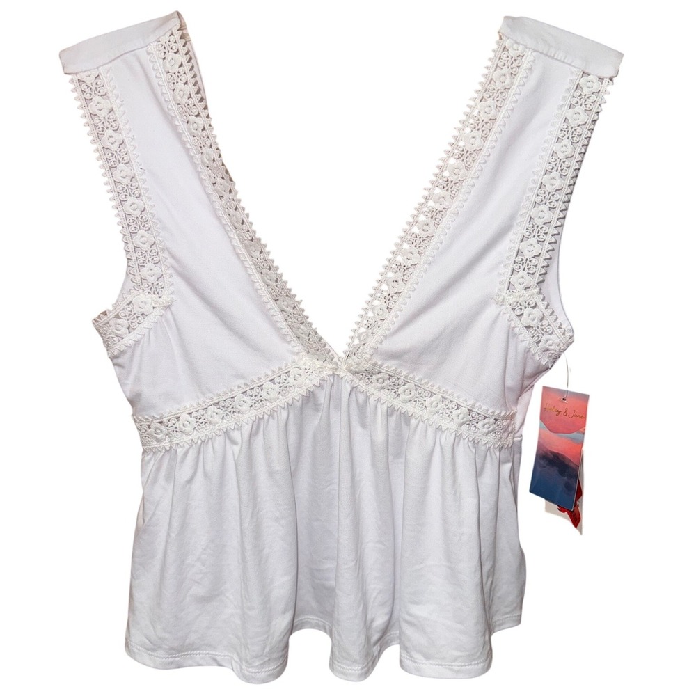 Haley & June Babydoll Boho Crop Tank Top S White Crochet Deep Lace V-Neck Y2K